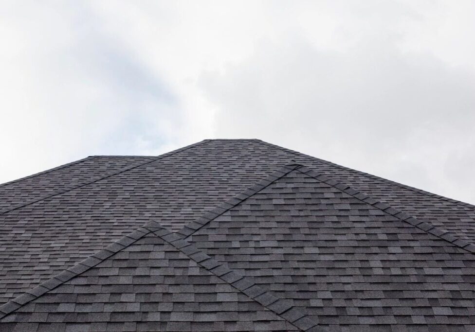 A black shingled roof with a cloudy sky.